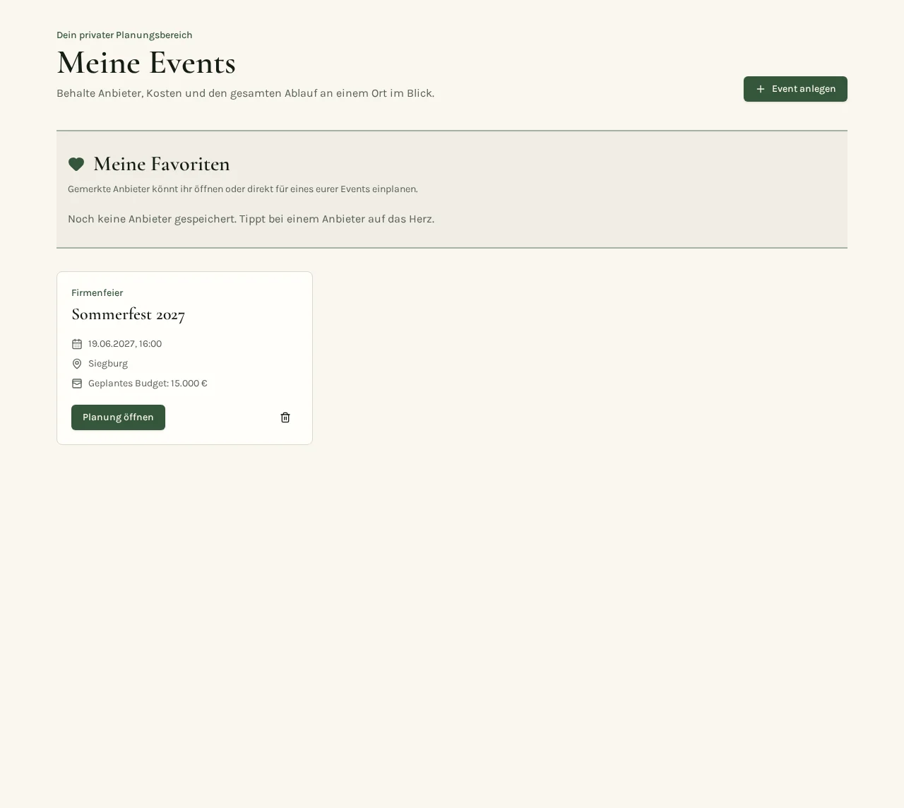 Screenshot der Planungszentrale „Meine Events“: Liste der angelegten Events mit Firmenfeier, daneben die gespeicherten Favoriten mit Profil-Links, Event-Übernahme und Löschen-Schaltern